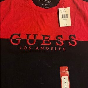 GUESS Men's Red and Black Colorblock Logo Tee